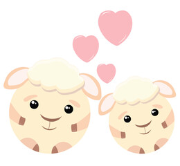Two cute romantic sheep in love, and above them three pink hearts. valentine's day card