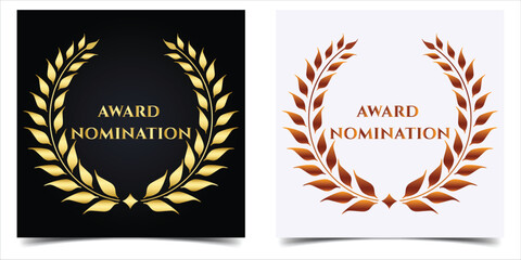 Golden and bronze award laurel wreaths, laurel wreaths award nominations. Gold and bronze award signs with laurel wreath, nomination trophy and award winning symbol