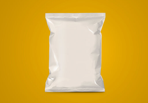 Blank White Plastic And Silver Metallic Foil Bag For Packaging Design. Mockup Template For Food Snack, Chips, Cookies, Peanuts, Candy. Realistic Illustration Isolated On Yellow Background
