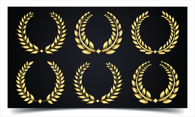 Gold laurel wreath. Golden silhouette laurel foliate wreaths award, achievement, chaplet, heraldry, nobility. Golden leaf silhouette on black background. Vector illustration. 