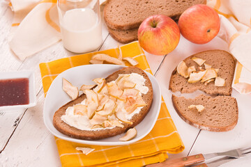Rye bread with apple in crispy slices with skin.