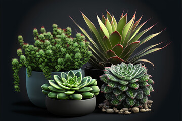 Set of various succulents on a black background. Generative AI illustration