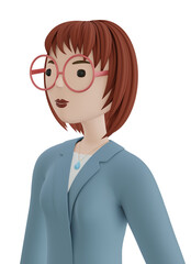 3D female character. Young woman, red hair girl in glasses. 3D render. PNG.
