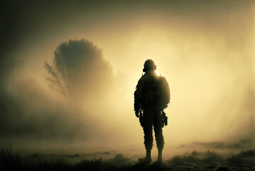 Silhouette of Soldier Standing in the Morning Field Covered with Fog at Sunrise. Generative AI