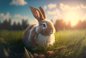 Easter Poster with Cute Rabbit on Green Spring Grass. Generative AI