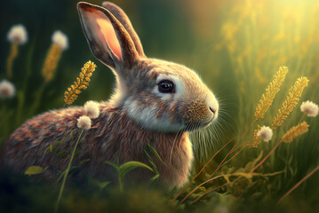 Easter Poster with Cute Rabbit on Green Spring Grass. Generative AI