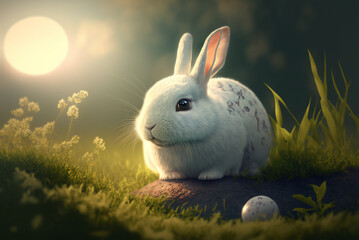 Easter Poster with Cute White Rabbit on Green Spring Grass. Generative AI