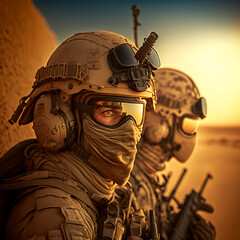 Portrait of a Soldier. Image of Fully Equipped Soldiers on Battlefield at Sunset. Generative AI
