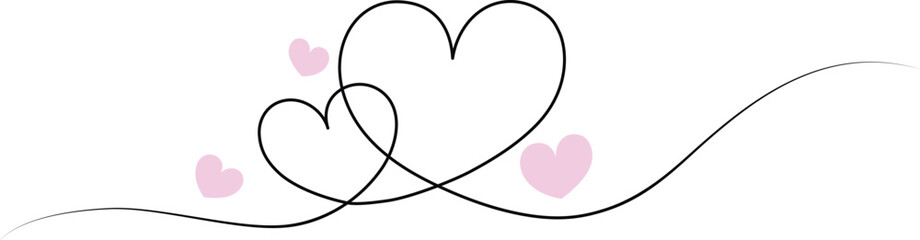 Continuous line heart shape border with pink heart on white background for valentines, women, mother day greeting invitation graphic design