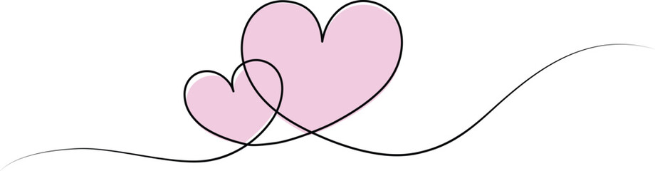 Continuous line heart shape border with pink heart on white background for valentines, women, mother day greeting invitation graphic design