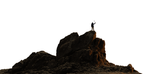 Rocky Mountain Peak with man Standing. Transparent background. Adventure Concept. 3d Rendering