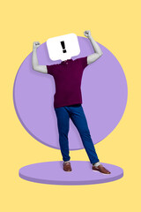 Poster magazine collage of absurd guy with exclamation mark head raise fist up advertise discount...
