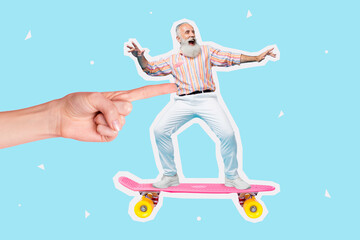 Photo artwork collage of mature old man riding skateboard finger pointing pushing his body summertime chill fun isolated on painted blue background