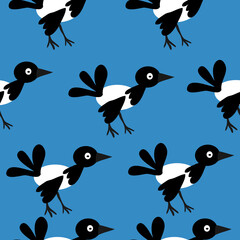 Fototapeta premium seamless pattern with magpie on a blue background. vector graphics