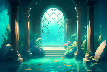 Underwater temple gate background. Concept art illustration of a fantasy temple under water. gate to Poseidon temple. Video game background art. Game design asset. - obrazy, fototapety, plakaty