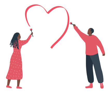 Valentine's day illustration. Young black woman and young black man drawing red heart. Boyfriend and girlfriend in love. Vector illustration