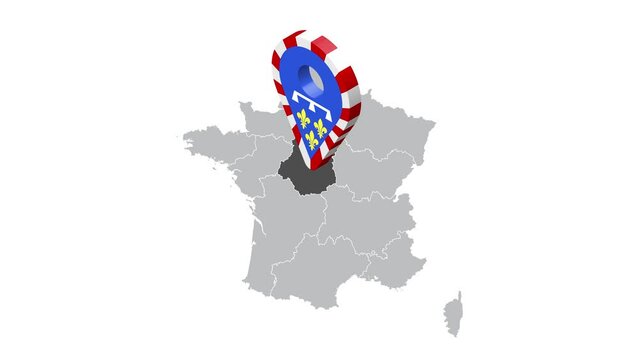Location Centre-Val de Loire on map France. 3d Centre-Val de Loire flag map marker location pin. Map of France showing different parts. Animated map regions of France. 4K.  Video