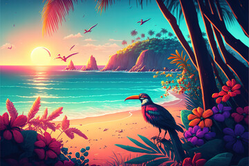 Summer vibes pictures - summer illustrations series - Summer background wallpaper created with Generative AI technology - obrazy, fototapety, plakaty