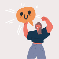 Vector illustration of women holding speech bubble with positive facing emotion. Happy client, good feedback.