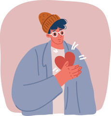 Cartoon vector illustration of man hold his heart