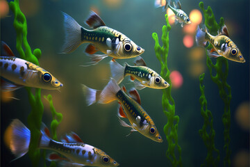 Obraz na płótnie Canvas Beautiful Guppies fish underwater photography. Generative Ai
