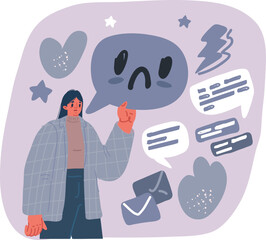Cartoon vector illustration of Depressed woman holds speech bubble with sad face emotion. Sad girl is in a stressful state. Bad feedback.