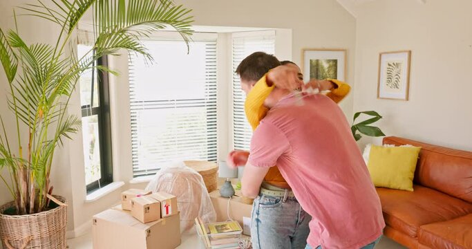 Moving, couple and man with keys for woman, hug and real estate success, happy and smile in their new house. Property, purchase and young homeowner sharing good news with girlfriend about home loan