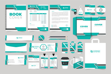 Company brand identity and promotional template collection with aqua color. Business letterhead, invoice, and envelope design for advertisement. Corporate ID card and office stationery design.