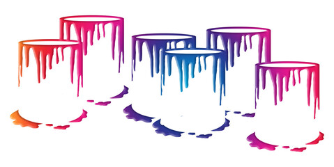 Paint buckets dripping paint down the sides in brillant colors are seen isolated on a transparent background. © Rob Goebel