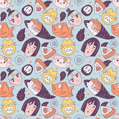 Hand drawn kawaii food pattern. Seamless for wrapping paper, greeting cards and other