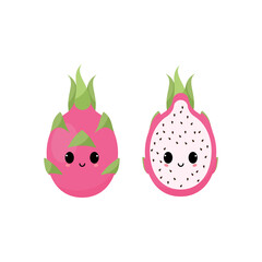 Smiling dragon fruit with kawaii emoji. Flat design vector illustration of dragon fruit on white background.