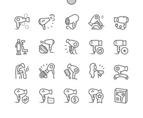 Hair dryer. Drying and styling hair. Best hair dryer. Hairdresser. Hairstyling appliance. Pixel Perfect Vector Thin Line Icons. Simple Minimal Pictogram