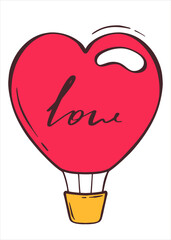 Balloon for flights in the idea of a heart with the inscription love. Red hot air balloon in flat style. Romantic vector illustration. Valentine's Day.