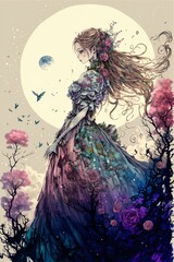 Fototapeta na wymiar woman in a long dress standing in front of a full moon. generative ai.