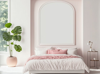Pink bedroom interior design, Blank picture frame mockup on white wall, modern Boho style interior with chair