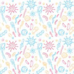 Bacteria and virus seamless pattern. Scientific vector illustration in sketch style. Doodle background