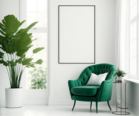 White living room design, Blank picture frame mockup on white wall, modern Boho style interior with green chair