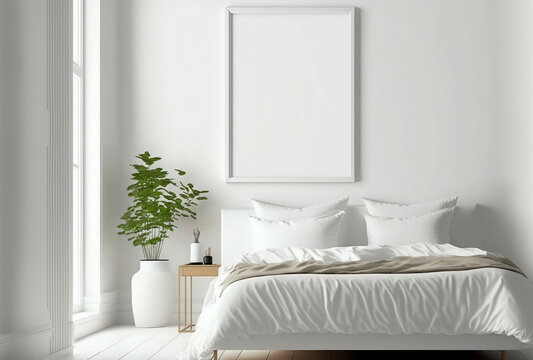 White bedroom interior design, Blank picture frame mockup on white wall, modern Boho style interior with bed