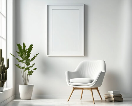 White living room design, Blank picture frame mockup on white wall, modern Boho style interior with chair