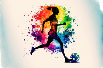 Fototapeta na wymiar Illustration made with rainbow watercolors silhouett, soccer player. Generative AI