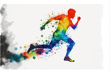 Fototapeta na wymiar Illustration made with rainbow watercolors solhouett, male running. Generative AI