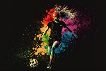 Person playing soccer, printer in activewear black background. Generative AI