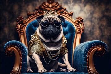 Obraz premium Funny pug dog king sitting in luxury throne chair with golden crown at head studio shot, ai generated illustration
