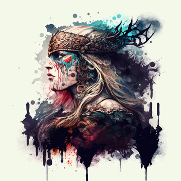 portrait of a viking warrior woman with colorful hair style and feathers and horns, Vector t-shirt print. Vector illustration on white background	