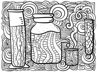 Outline coloring page with measuring laboratory glassware and fantasy pattern lines