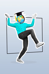 Vertical collage picture of excited overjoyed black white gamma guy planet earth globe instead head...