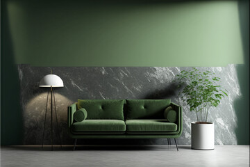 Green wall background, minimalist sofa, marble pattern wooden sofa, grey carpet, poster, lamp and frame. AI