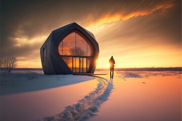 Architectural photography of a minimalist contemporary house with a person standing on winter landscape. Generative AI