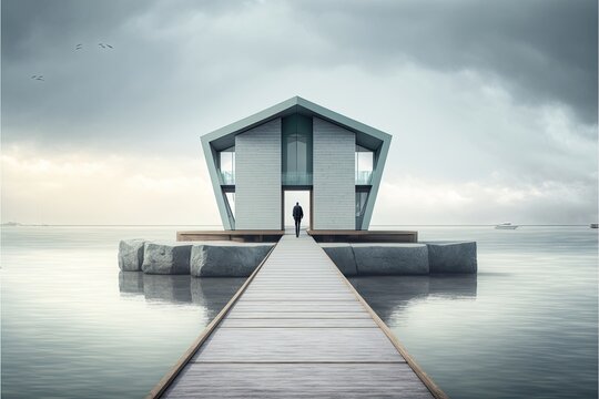 Architectural photography of a minimalist contemporary house on the water with person standing. Generative AI