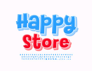 Vector bright Banner Happy Store. bright Blue 3D Font. Creative handwritten Alphabet Letters and Numbers
